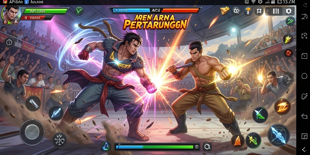 Screenshot API36 menampilkan aksi pertarungan yang dramatis dalam arena.
