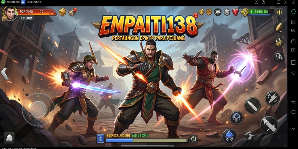 Screenshot utama EMPATI138 menampilkan pertarungan seru antara dua karakter di arena.
