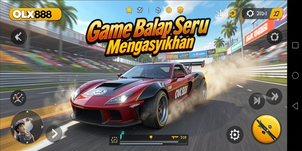 Tampilan gameplay dari OLX888 yang menegangkan saat balapan.
