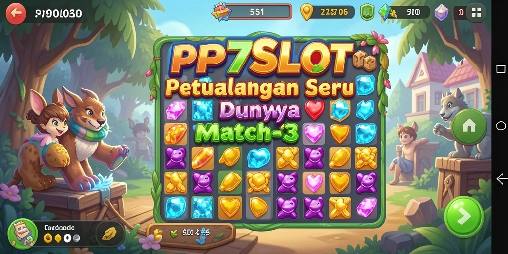 Menampilkan gameplay Match-3 yang seru dan penuh warna.