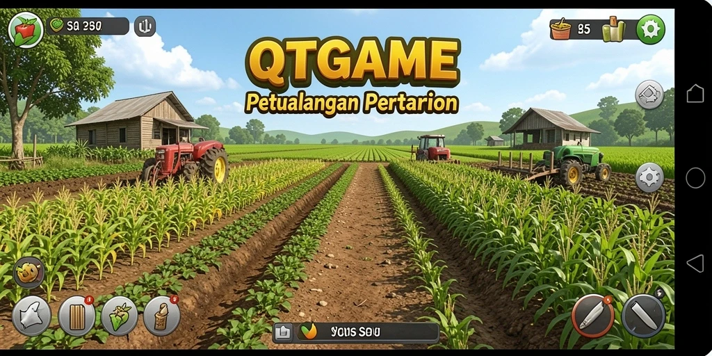 Tampilan gameplay QTGAME dengan latar belakang ladang hijau.