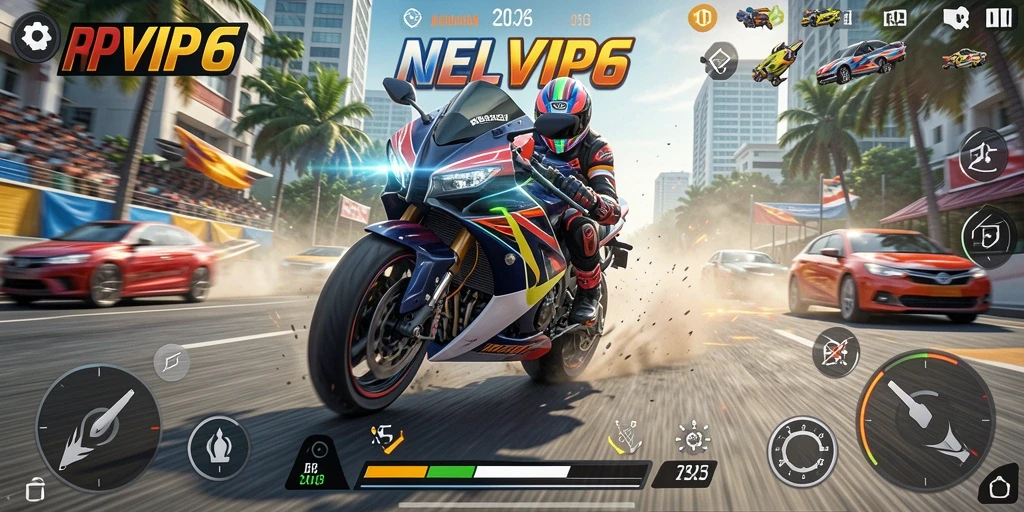 Tangkapan layar RPVIP6 menampilkan aksi balapan motor yang intens.