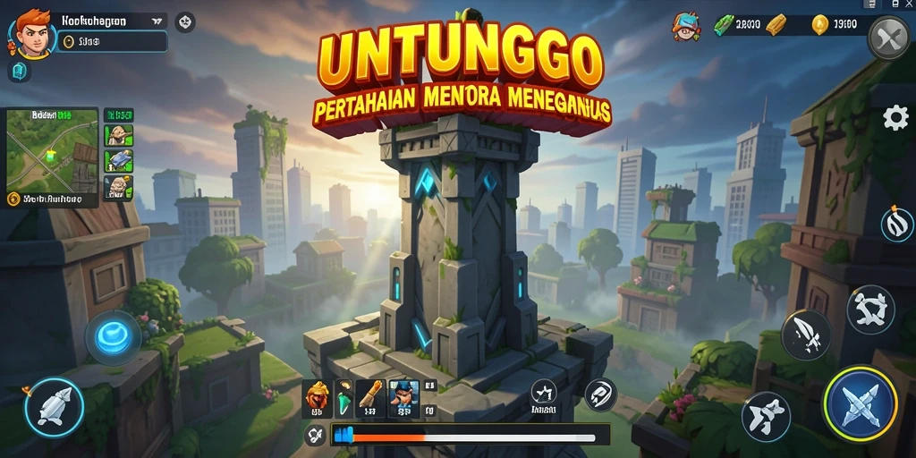 Screenshot gameplay UNTUNGGO menampilkan aksi menara pertahanan yang seru.